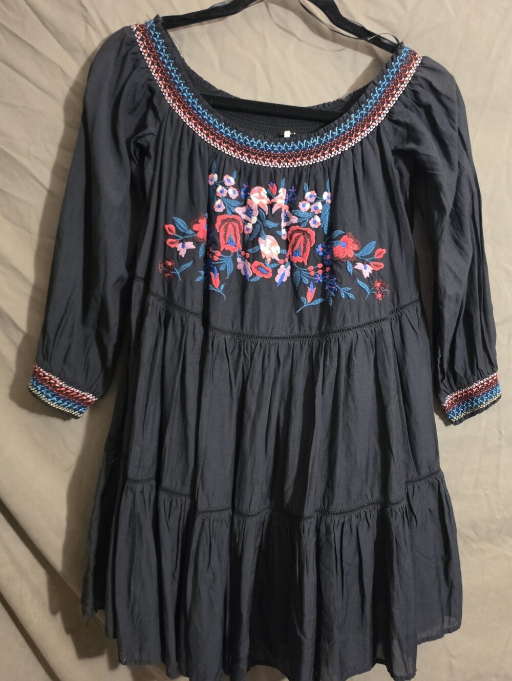 Free People Black Mini Dress with Red, Pink and Blue Embroidery